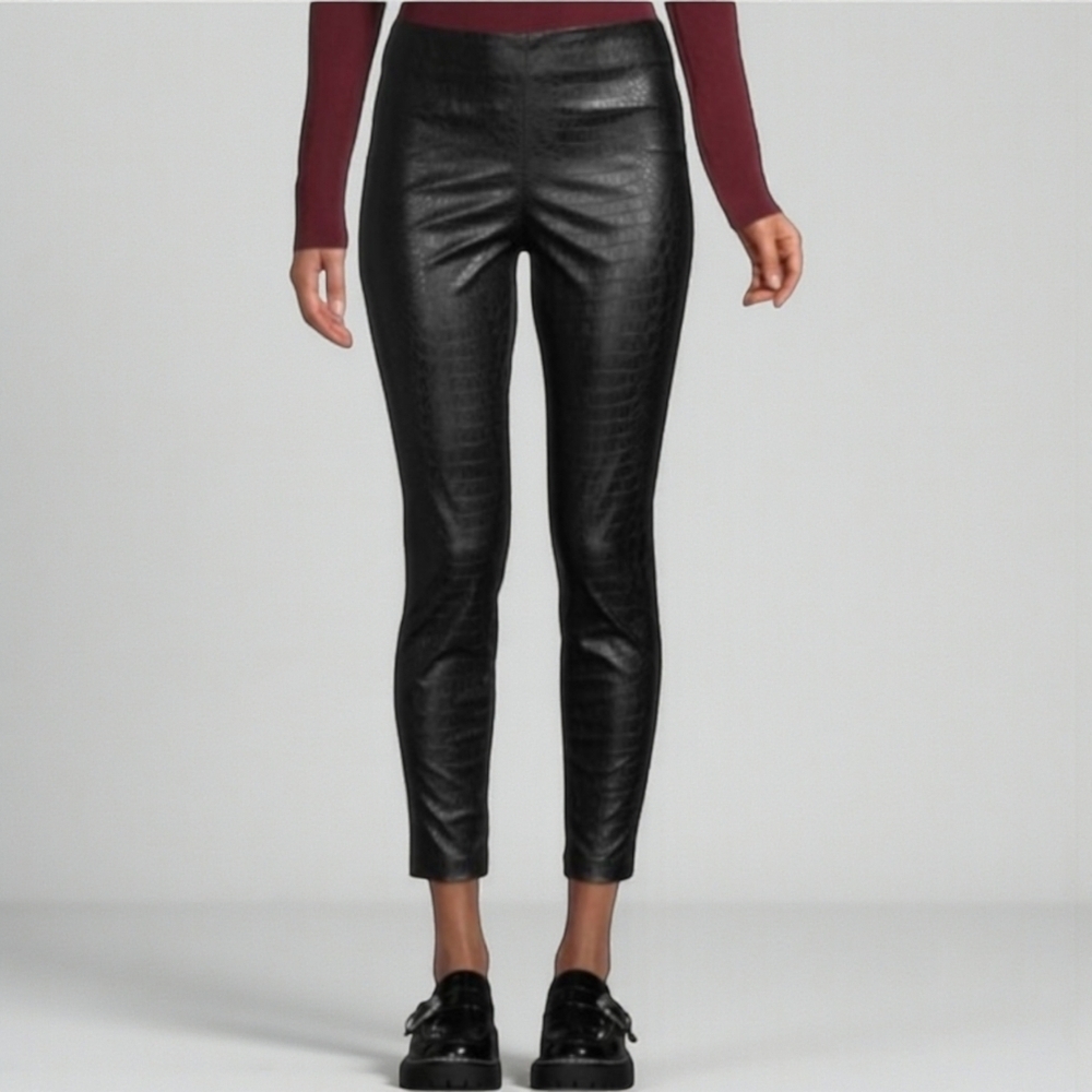Max Studio Black Crocodile Textured Faux Leather Leggings XS